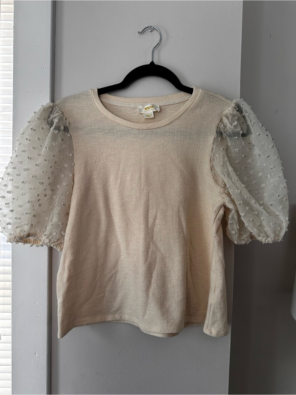 Maeve by Anthropologie Cream Swiss Dot Sheer Puff Sleeve Top Size M